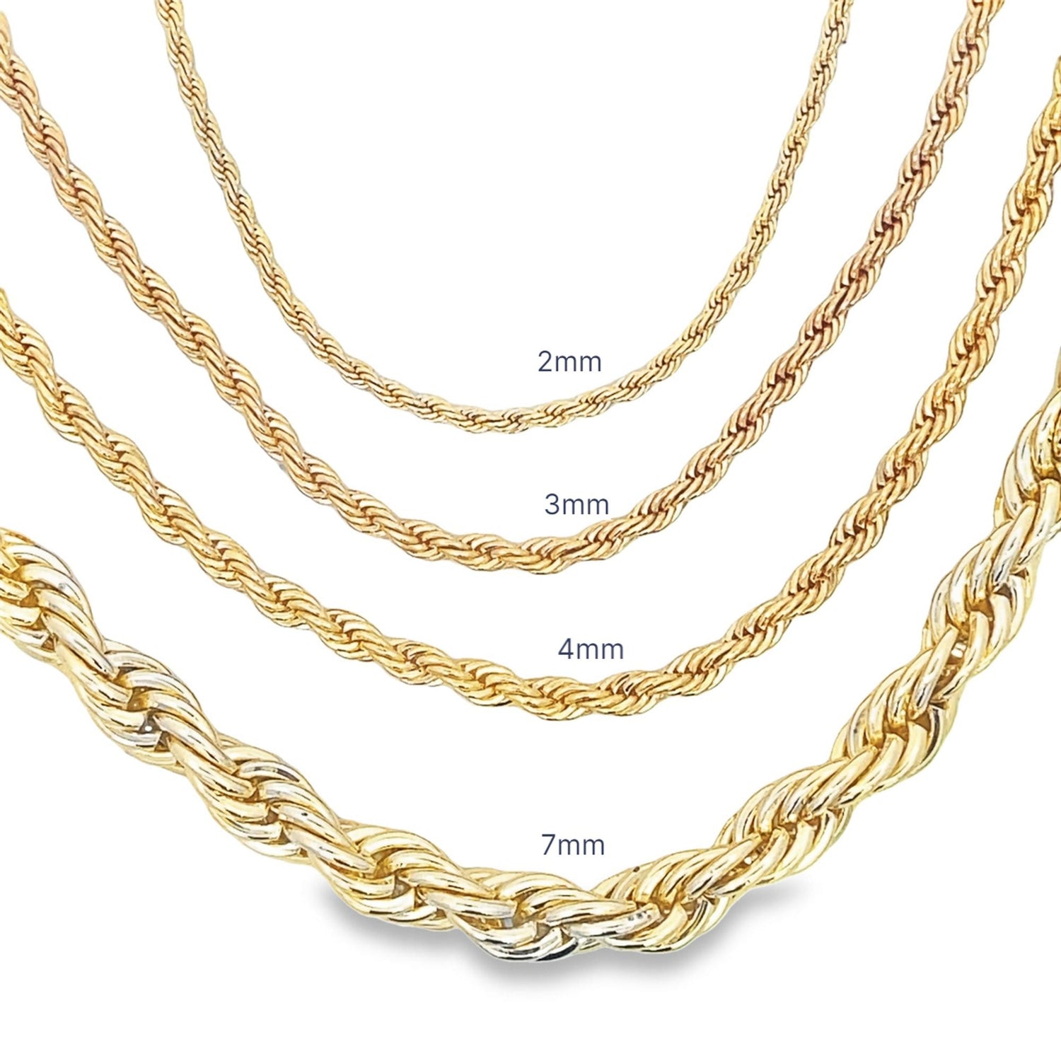 Layered gold necklaces displayed in different chain styles
