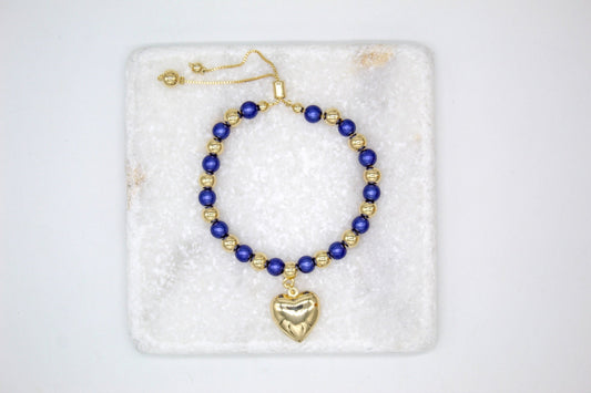 18K Gold Filled Heart Charm Gold Blue Beaded Adjustable Bracelet