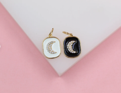 18K Gold Filled Enamel Pendant Charm With Crescent Moon Shaped Micro CZ Cubic Zirconia Stones