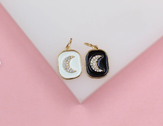 18K Gold Filled Enamel Pendant Charm With Crescent Moon Shaped Micro CZ Cubic Zirconia Stones