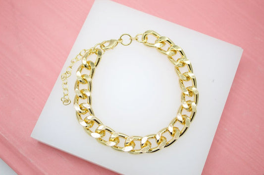 18K Gold Filled 11mm Diamond-Cut Curb Cuban Link Bracelet Chain
