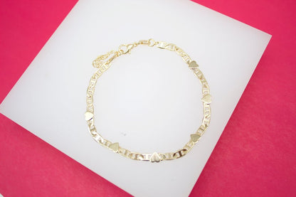 Plain 3mm Flat Mariner Chain Bracelet With Hearts