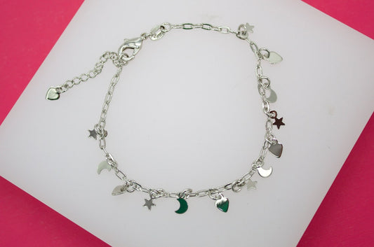 Rhodium Filled Round Paper Clip Bracelet With Star, Moon, Heart Charms