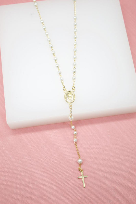 Catholic Pearl Bead Rosary with Crucifix and Milagros Charm