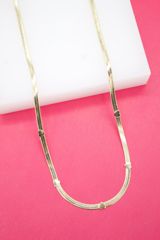 18K Gold Filled Love Style 3mm Herringbone Snake Chain With Heart Shaped Charms