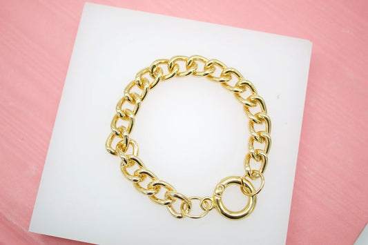 9mm Round Curb Cuban Link Bracelet Chain With Round Carabiner Spring Ring Clasp