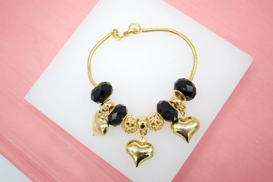 18K Gold Filled Flower, Heart, Natural Stone Charm Bracelet