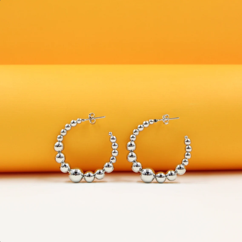18K Rhodium Filled Beaded Open Hoop Earrings