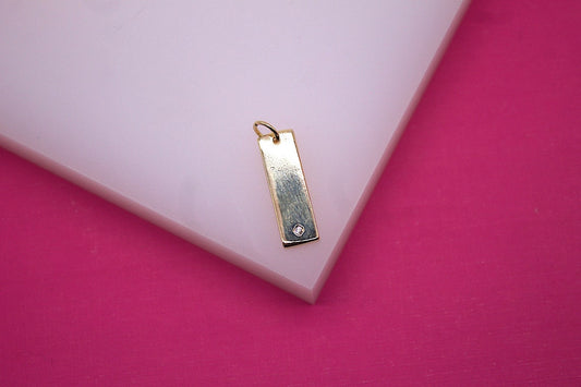 18K Gold Filled Rectangle Plate Charm With CZ Stone