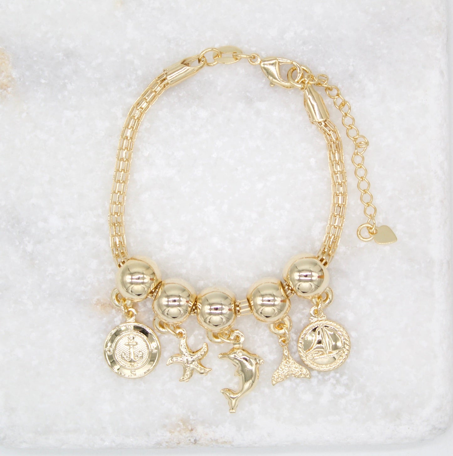 18K Gold Filled Beaded Ocean Sea Life Charms Bracelet