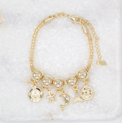 18K Gold Filled Beaded Ocean Sea Life Charms Bracelet