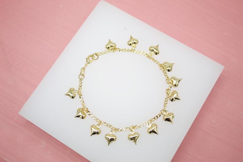18K Gold Filled Charm Bracelet With Small Heart Charms