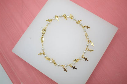 Gold Filled Cross Charm Bracelet with Pearls