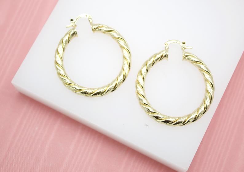 18K Gold Filled 5mm Thick Twisted Hoops Lever Back Earrings