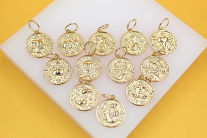 18K Gold Filled Coin Disc Medallion Zodiac Horoscope Charm Pendant