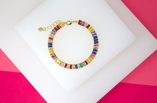18K Gold Filled Baguette Multi Color CZ Stones Bracelet