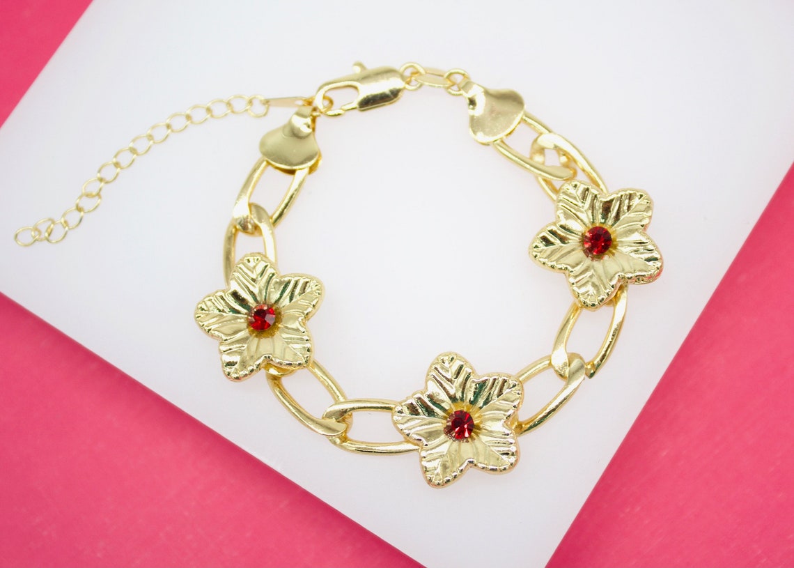18K Gold Filled Flower With Red CZ Stone Bracelet