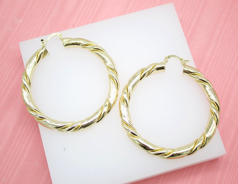 18K Gold Filled 6mm Thick Twisted Hoops Lever Back Earrings