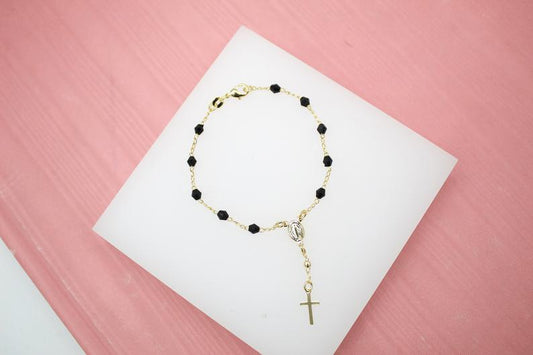 Gold Filled Cross and Virgin Mary Charm Bracelet with Black Beads
