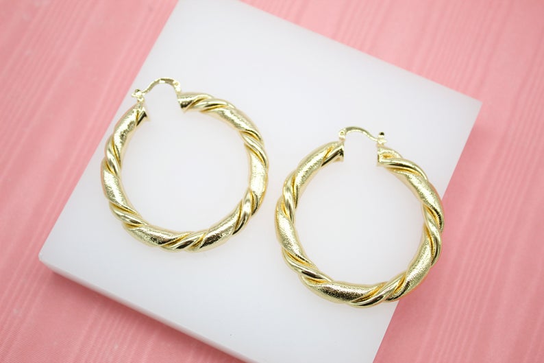 18K Gold Filled 6mm Thick Twisted Hoops Lever Back Earrings