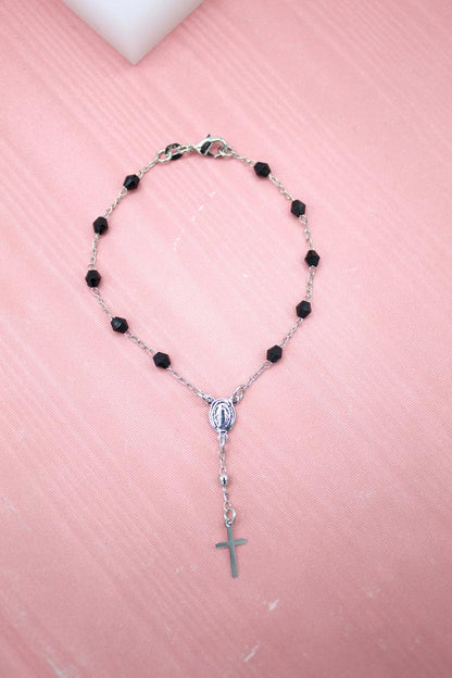 Gold Filled Cross and Virgin Mary Charm Bracelet with Black Beads