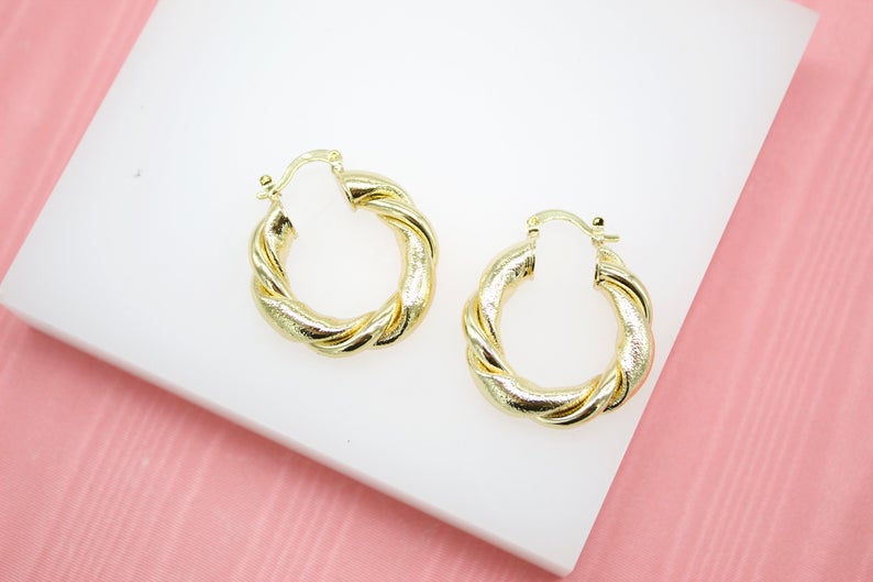 18K Gold Filled 6mm Thick Twisted Hoops Lever Back Earrings