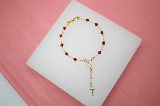 Gold Filled Cross and Virgin Mary Charm Bracelet with Red Beads
