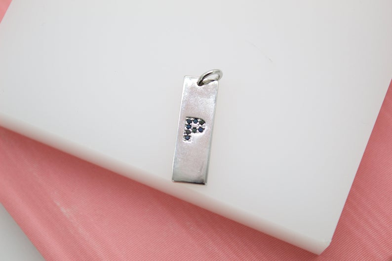 18K Rhodium Filled Name Initial Rectangle Charm