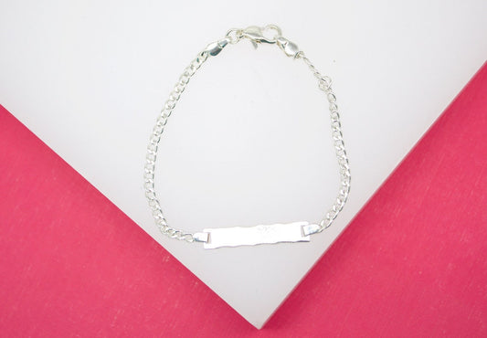 Rhodium Filled Dainty Curved Plate Kid Curb Bracelet