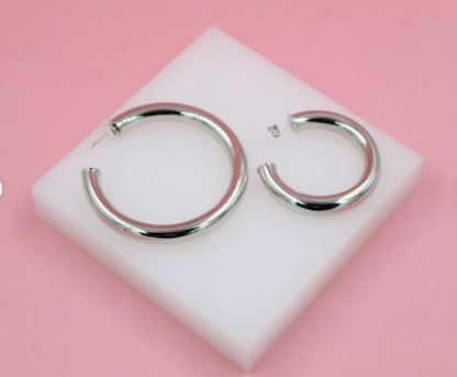 18K Rhodium Filled 7mm Thick Chunky Open Hoop Earrings (J29)