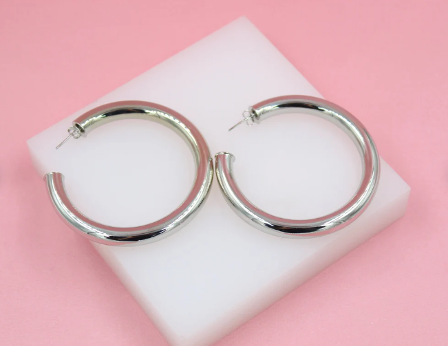 18K Rhodium Filled 7mm Thick Chunky Open Hoop Earrings (J29)