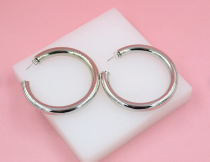 18K Rhodium Filled 7mm Thick Chunky Open Hoop Earrings (J29)