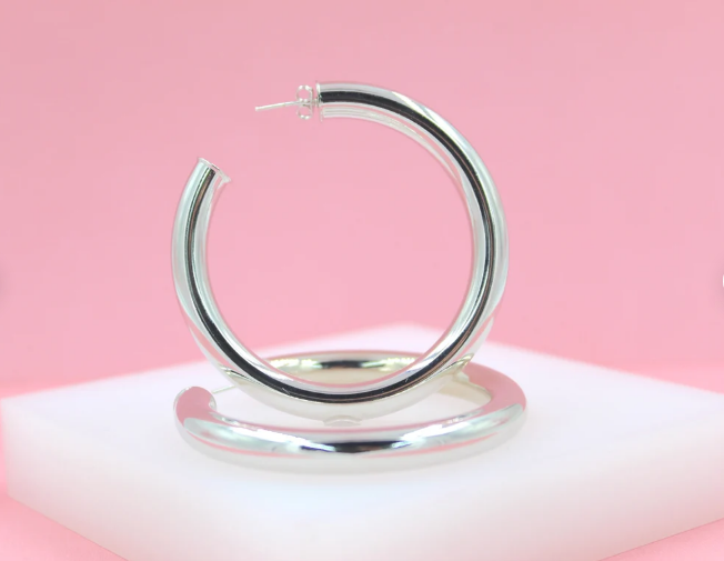 18K Rhodium Filled 7mm Thick Chunky Open Hoop Earrings (J29)