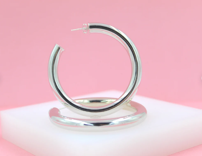 18K Rhodium Filled 7mm Thick Chunky Open Hoop Earrings (J29)