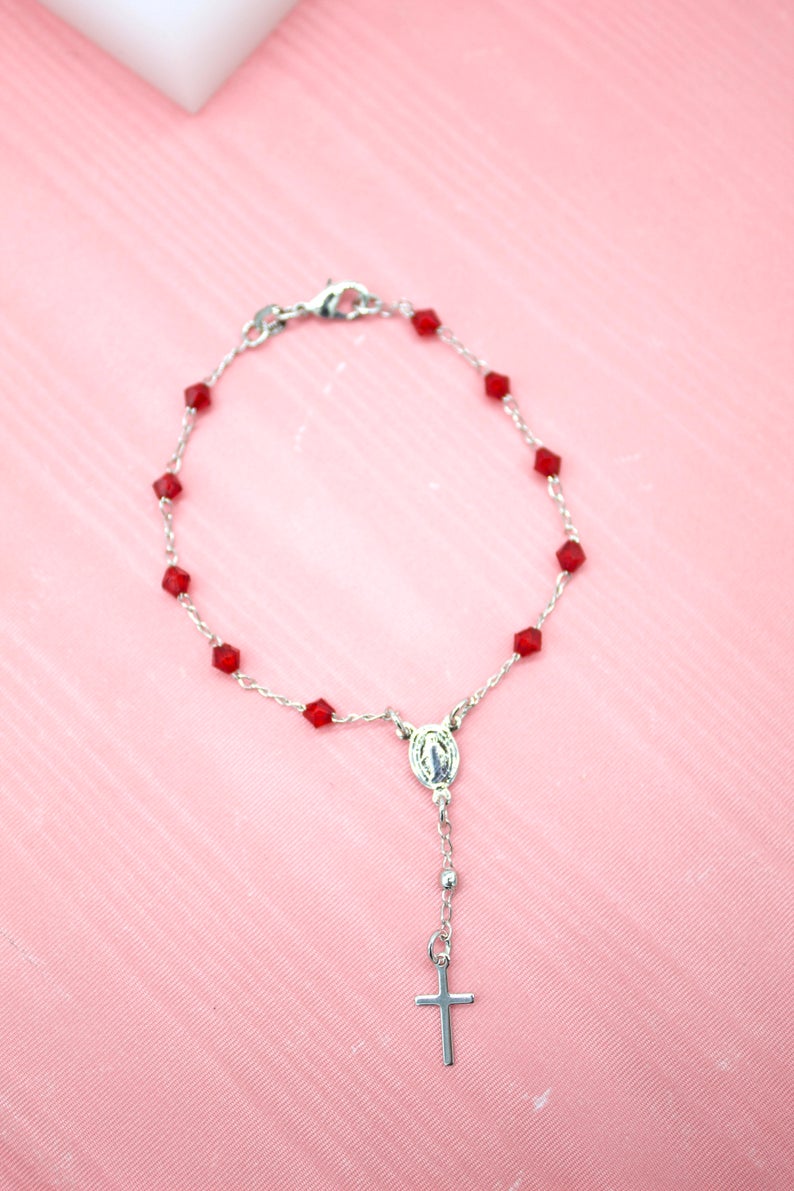 Gold Filled Cross and Virgin Mary Charm Bracelet with Red Beads