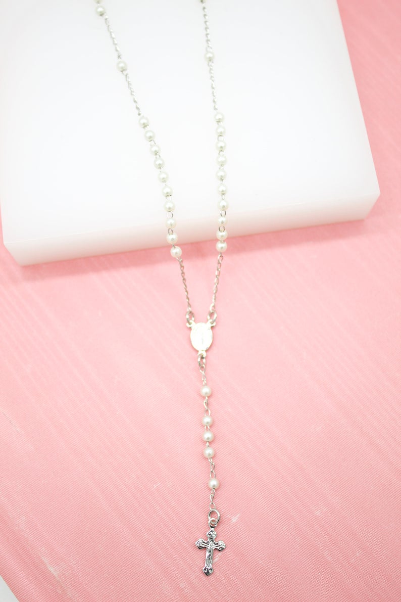 Catholic Pearl Bead Rosary with Crucifix and Milagros Charm