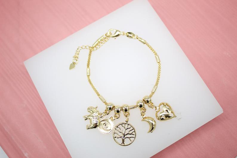 18K Gold Filled Evil Eye, Tree Of Life, Moon, Heart, Elephant, Evil Eye Charms Bracelet