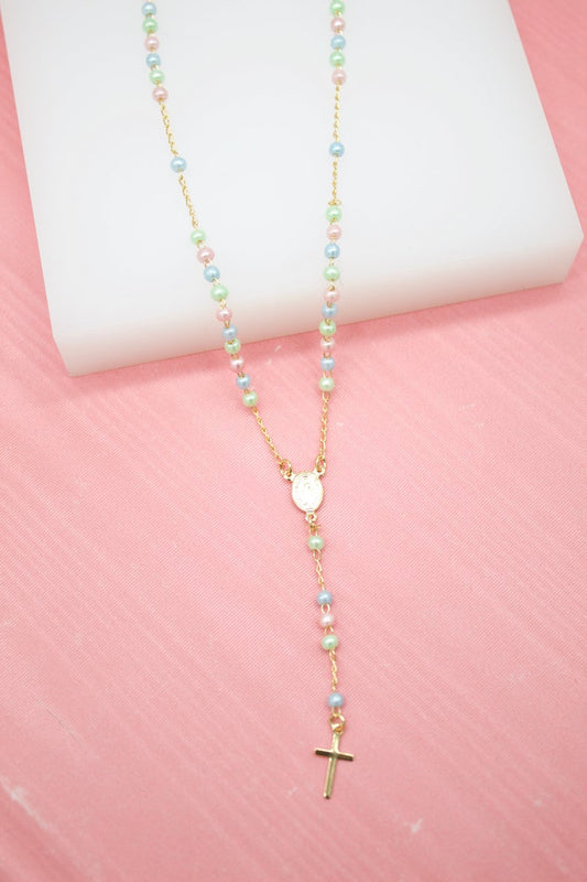 Gold Multi-Color Bead Rosary with Crucifix & Virgin Mary Charm