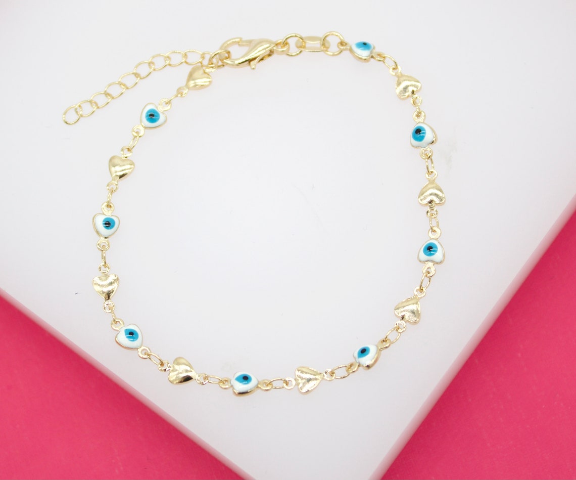 18K Gold Filled Heart Evil Eye Bracelet With One Heart