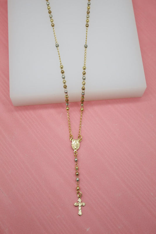Catholic Gold Bead Rosary With Crucifix And Virgin Mary Charm