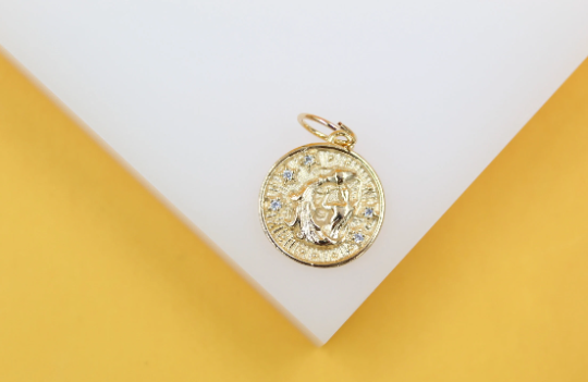 18K Gold Filled Coin Disc Medallion Zodiac Horoscope Charm Pendant