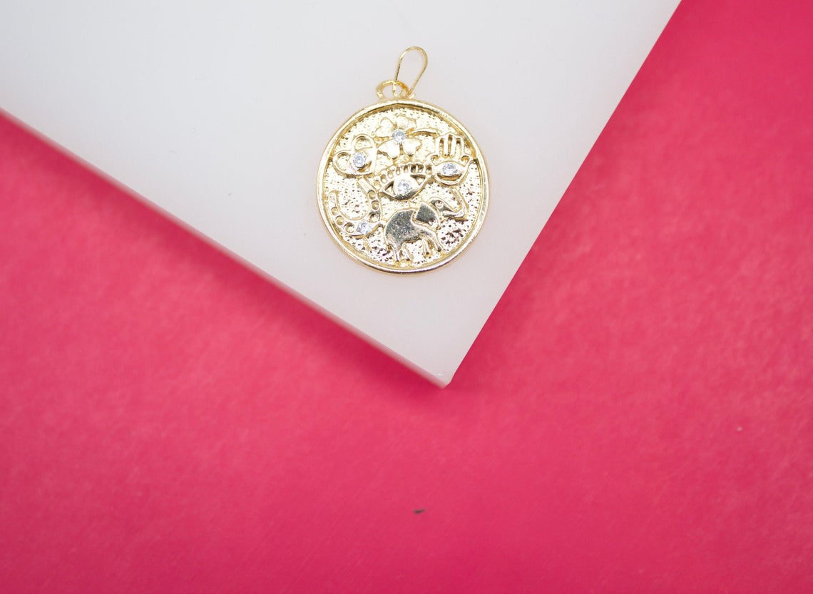 18K Gold Filled Lucky Elephant Hamsa Hand Heart Four Evil Eye With CZ Stones