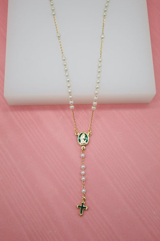 Gold Bead Rosary With Green Crucifix & Virgin Mary Charm