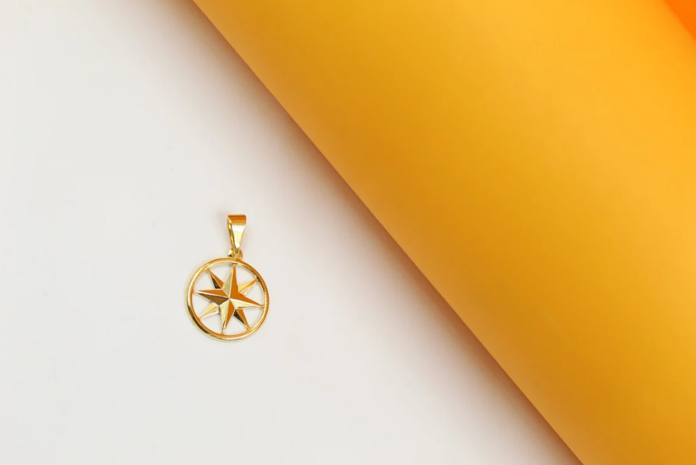 Outlined Compass Star Medallion Pendant For 18K Gold Filled