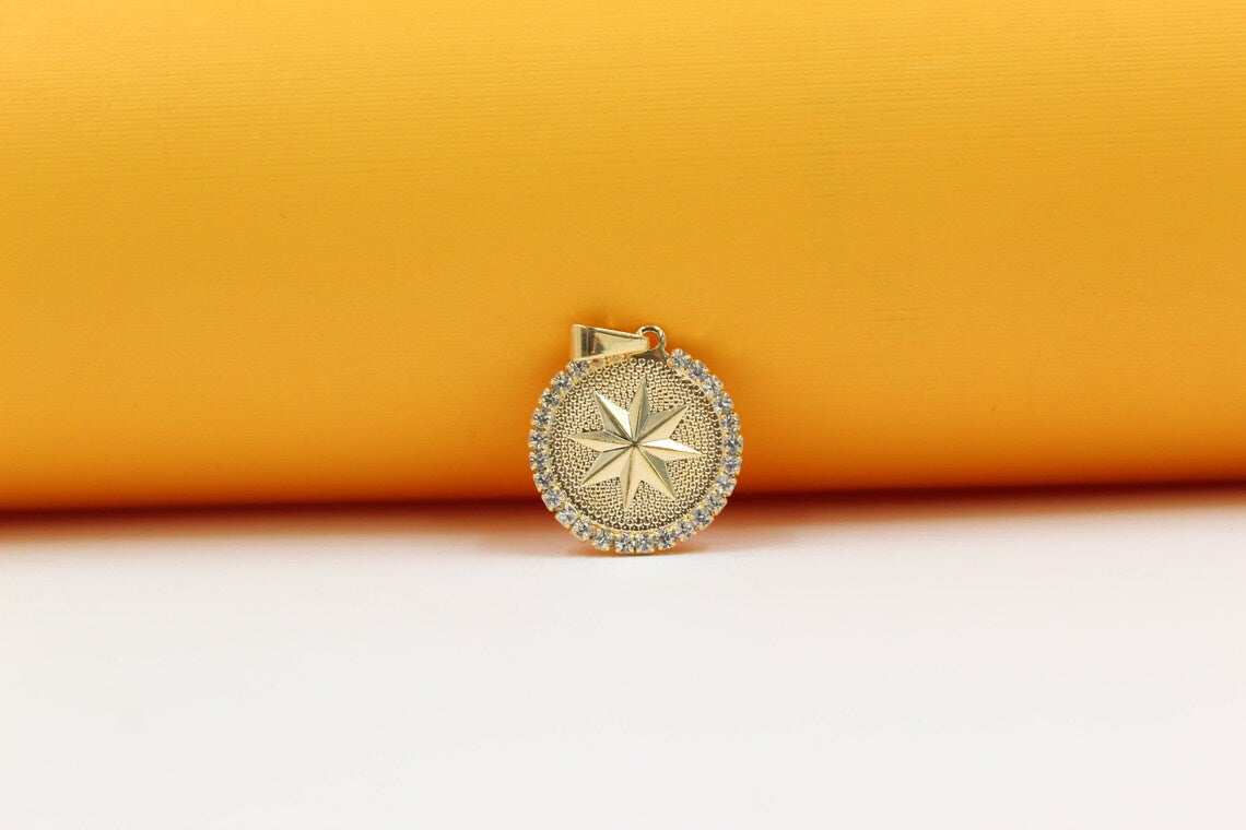 Compass Star Medallion With Zirconia Stones Pendant For 18K Gold Filled