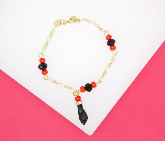 18K Gold Filled Azabache & Figa Hand 2mm Figaro Bracelet With Protection Charm