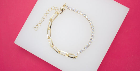 18K Gold Filled Designed 5mm Paper Clip With CZ Stones Bracelet