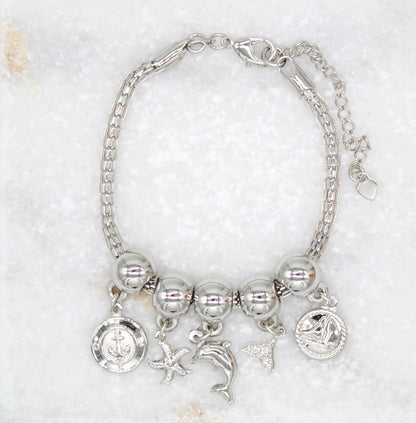 18K Gold Filled Beaded Ocean Sea Life Charms Bracelet