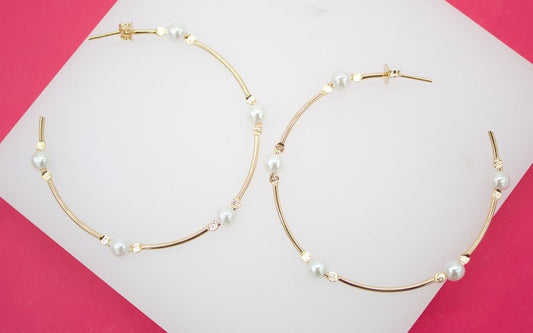 18K Gold Filled Synthetic Pearl Open Hoop Earring