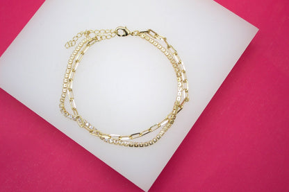 Stacked Clear Round CZ Stones With Paper Clip Chain Bracelets